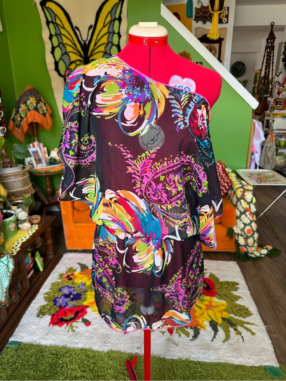 One-Shoulder Floral Paisley Tunic Dress - Multicolor